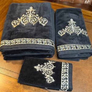 KassaFina Black Gold Embroidered Towel Set 7pc Cotton Medallion Regal Luxury